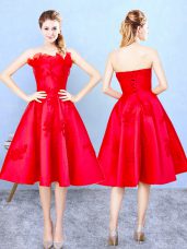 Comfortable Appliques and Ruffles Wedding Party Dress Red Lace Up Sleeveless Knee Length