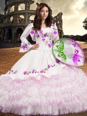 Ball Gowns Sweet 16 Quinceanera Dress White Square Organza Long Sleeves Floor Length Lace Up