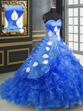 Lace Up 15 Quinceanera Dress Blue for Military Ball and Sweet 16 and Quinceanera with Embroidery and Ruffles Brush Train