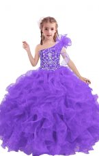 Trendy Floor Length Lilac Kids Pageant Dress One Shoulder Sleeveless Lace Up