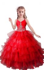 Top Selling Red V-neck Neckline Beading and Ruffled Layers Pageant Gowns For Girls Sleeveless Zipper