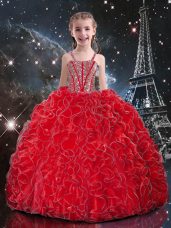 Super Floor Length Lace Up Pageant Gowns For Girls Coral Red for Quinceanera and Wedding Party with Beading and Ruffles
