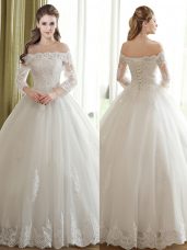 Off The Shoulder 3 4 Length Sleeve Tulle Wedding Dress Lace and Appliques Lace Up