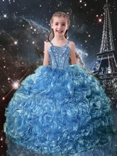 Simple Beading and Ruffles Child Pageant Dress Baby Blue Lace Up Sleeveless Floor Length