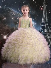 Light Yellow Ball Gowns Straps Sleeveless Organza Floor Length Lace Up Beading and Ruffles Girls Pageant Dresses