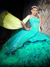 Chic Turquoise Ball Gowns Sweetheart Sleeveless Organza With Brush Train Lace Up Embroidery and Ruffles 15th Birthday Dress