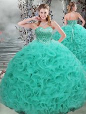 High Quality Sleeveless Fabric With Rolling Flowers Brush Train Lace Up 15th Birthday Dress in Turquoise with Beading