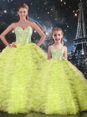 Yellow Green Quince Ball Gowns Military Ball and Sweet 16 and Quinceanera with Beading and Ruffles Sweetheart Sleeveless Lace Up