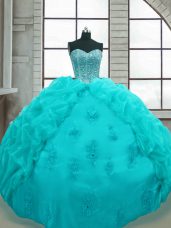 Enchanting Aqua Blue Sweet 16 Dresses Military Ball and Sweet 16 and Quinceanera with Beading and Appliques and Pick Ups Sweetheart Sleeveless Lace Up