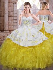 High Quality Floor Length Ball Gowns Sleeveless Yellow And White Quinceanera Gown Lace Up