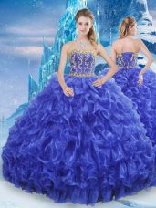 Royal Blue Organza Lace Up Strapless Sleeveless Floor Length Sweet 16 Dresses Beading and Appliques and Ruffles