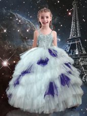 Fashionable White Ball Gowns Straps Sleeveless Tulle Floor Length Lace Up Beading and Ruffled Layers Little Girls Pageant Gowns
