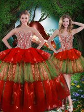 Wine Red Sleeveless Floor Length Beading and Ruffled Layers Lace Up Sweet 16 Quinceanera Dress