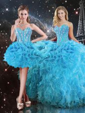 Floor Length Lace Up Quince Ball Gowns Aqua Blue for Military Ball and Sweet 16 and Quinceanera with Beading and Ruffles