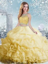 Dynamic Yellow Two Pieces Organza Bateau Sleeveless Beading and Ruffles and Pick Ups Floor Length Clasp Handle Quinceanera Gown