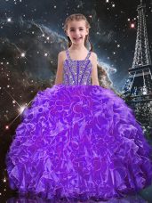Eggplant Purple Little Girls Pageant Dress Quinceanera and Wedding Party with Beading and Ruffles Straps Sleeveless Lace Up