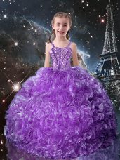 Eggplant Purple Organza Lace Up Kids Pageant Dress Sleeveless Floor Length Beading and Ruffles