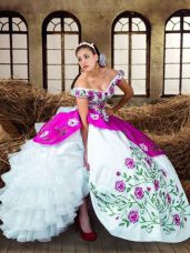 Delicate Multi-color Ball Gowns Off The Shoulder Sleeveless Taffeta Floor Length Lace Up Embroidery and Ruffled Layers Quinceanera Dress