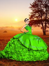 Spectacular Green Ball Gowns Organza Sweetheart Sleeveless Embroidery and Ruffles Lace Up Quince Ball Gowns Brush Train