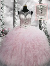 Beading and Ruffles Ball Gown Prom Dress Baby Pink Lace Up Sleeveless Floor Length