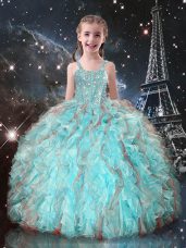 Sleeveless Floor Length Beading and Ruffles Lace Up Little Girls Pageant Gowns with Aqua Blue
