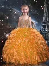 Admirable Orange Red Ball Gowns Organza Straps Sleeveless Beading and Ruffles Floor Length Lace Up Child Pageant Dress