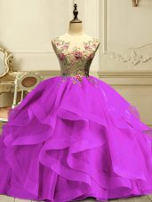 Elegant Scoop Sleeveless Lace Up 15th Birthday Dress Fuchsia Organza