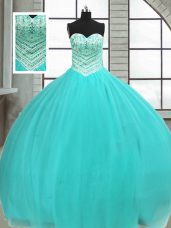 Turquoise Lace Up Sweetheart Beading Vestidos de Quinceanera Tulle Sleeveless