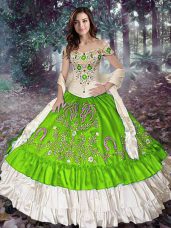 Romantic Ball Gowns Off The Shoulder Sleeveless Taffeta Floor Length Lace Up Embroidery and Ruffled Layers 15th Birthday Dress