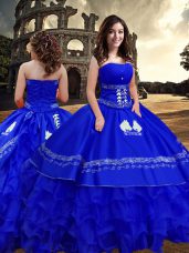 Fantastic Floor Length Royal Blue Quinceanera Dresses Taffeta Sleeveless Embroidery and Ruffled Layers