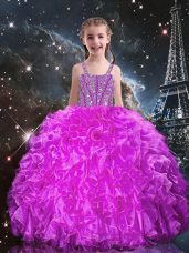 High Class Fuchsia Ball Gowns Organza Straps Sleeveless Beading and Ruffles Floor Length Lace Up Little Girls Pageant Gowns
