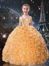 New Arrival Gold Ball Gowns Straps Sleeveless Organza Floor Length Lace Up Beading and Ruffles Child Pageant Dress