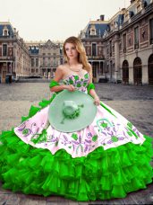 On Sale Green Ball Gowns Sweetheart Sleeveless Organza and Taffeta Floor Length Lace Up Embroidery and Ruffled Layers 15th Birthday Dress