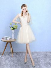 Tulle V-neck Half Sleeves Lace Up Lace Quinceanera Court of Honor Dress in Champagne