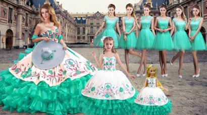 Noble Turquoise Sleeveless Embroidery and Ruffled Layers Floor Length 15 Quinceanera Dress