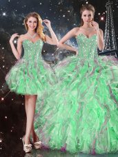 Vintage Apple Green Ball Gowns Organza Sweetheart Sleeveless Beading and Ruffles Floor Length Lace Up 15 Quinceanera Dress