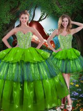 Best Selling Olive Green Ball Gowns Organza Sweetheart Sleeveless Beading and Ruffled Layers Floor Length Lace Up Quinceanera Dress