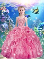 Superior Rose Pink Ball Gowns Straps Sleeveless Organza Floor Length Lace Up Beading and Ruffles Little Girl Pageant Dress