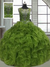 Olive Green Ball Gowns Scoop Sleeveless Organza Floor Length Lace Up Beading and Ruffles Sweet 16 Quinceanera Dress