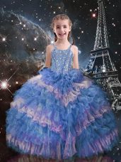 Lovely Sleeveless Lace Up Floor Length Beading and Ruffled Layers Child Pageant Dress