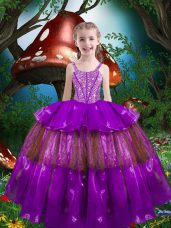 Stunning Sleeveless Organza Floor Length Lace Up Little Girls Pageant Gowns in Eggplant Purple with Beading and Ruffled Layers
