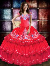 Coral Red Sleeveless Floor Length Embroidery and Ruffled Layers Lace Up 15th Birthday Dress