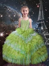 Straps Sleeveless Little Girl Pageant Dress Floor Length Beading and Ruffled Layers Yellow Green Organza