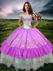 Romantic Off The Shoulder Sleeveless Quince Ball Gowns Floor Length Beading and Embroidery and Ruffled Layers Lilac Taffeta