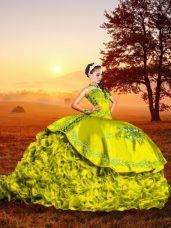 Fantastic Sweetheart Sleeveless Quinceanera Dress Brush Train Embroidery and Ruffles Yellow Green Organza