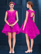 Simple High Low A-line Sleeveless Fuchsia Bridesmaid Dress Lace Up