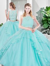 Classical Aqua Blue Sleeveless Lace and Ruffled Layers Floor Length Quinceanera Gowns