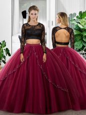 Fuchsia Tulle Backless Scoop Long Sleeves Floor Length Sweet 16 Dress Lace and Ruching
