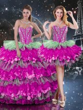 Multi-color Organza Lace Up Sweetheart Sleeveless Floor Length Sweet 16 Dress Beading and Ruffles and Ruffled Layers