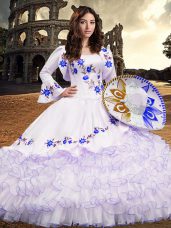 Stunning Long Sleeves Embroidery and Ruffled Layers Lace Up Ball Gown Prom Dress